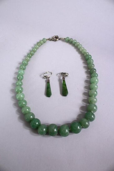 A JADE BEAD NECKLACE, and a pair of jade earrings.
