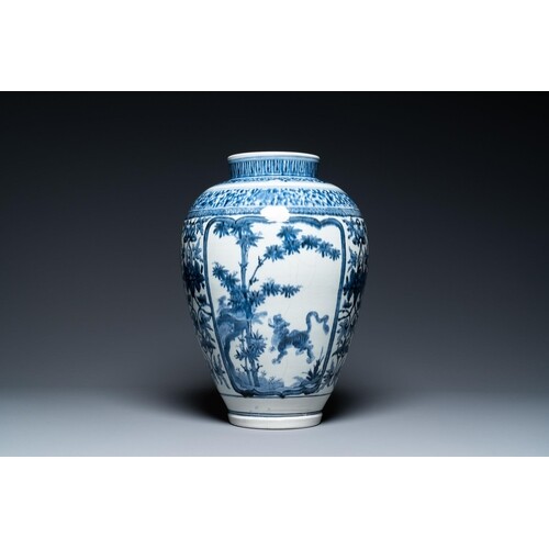 A Japanese blue and white Arita vase with a tiger, Edo, 17th...