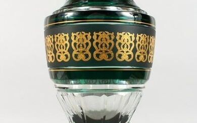 A LARGE AND HEAVY CRYSTAL VASE, with green and gilt