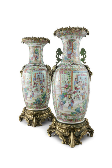 A LARGE NEAR PAIR OF ORMOLU MOUNTED CHINESE...