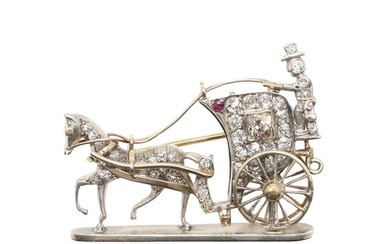 A LATE 19TH CENTURY DIAMOND CARRIAGE AND HORSE BROOCH. centr...