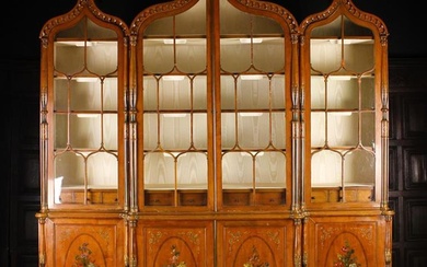 A Large & Impressive Edwardian Painted Satinwood Bookcase (A/F). The upper section composed of a cen