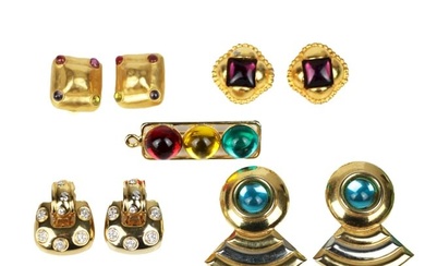A Lot of Five Gold Tone Color Glass Earrings & Brooch Pins