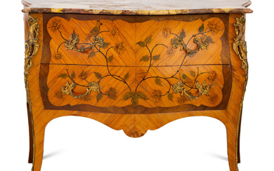 A Louis XV Style Gilt Bronze Mounted Marquetry Marble-Top Commode