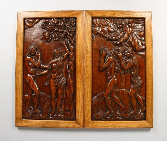 A PAIR OF 17TH CENTURY RELIEF CARVED OAK PANELS, each