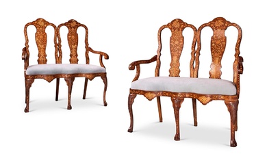 A PAIR OF DUTCH WALNUT AND MARQUETRY CHAIR BACK SETTEES, MID 19TH CENTURY