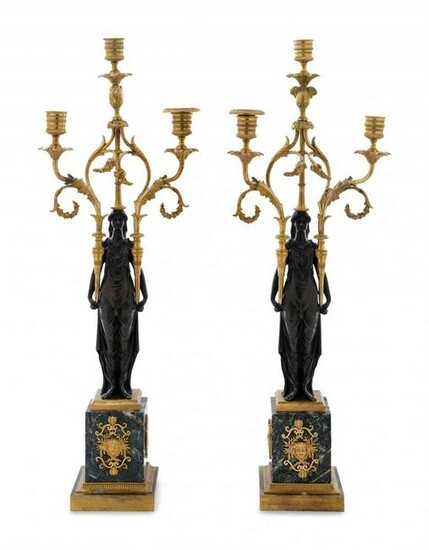 A PAIR OF EMPIRE BRONZE AND MARBLE CANDELABRA
