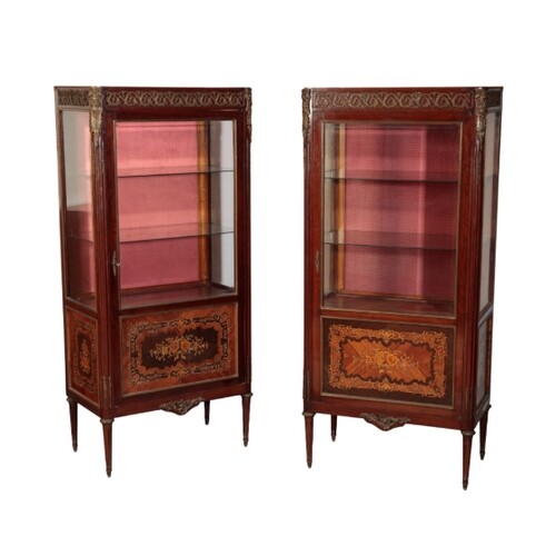 A PAIR OF EMPIRE MAHOGANY AND FLORAL MARQUETRY GLAZED CABINE...