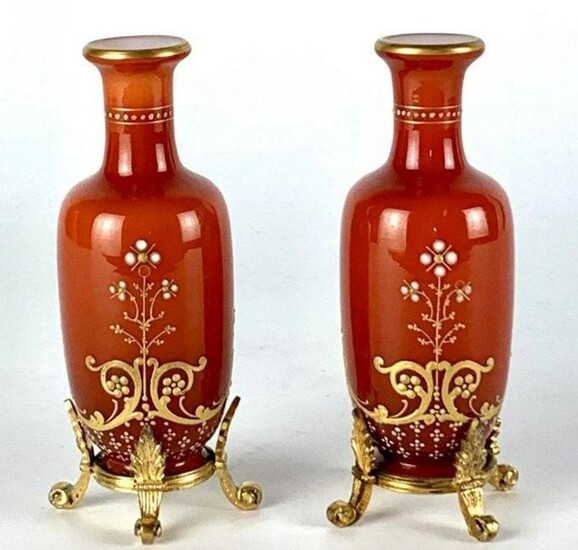A PAIR OF ENAMELLED SILVER MOUNTED MOSER VASES