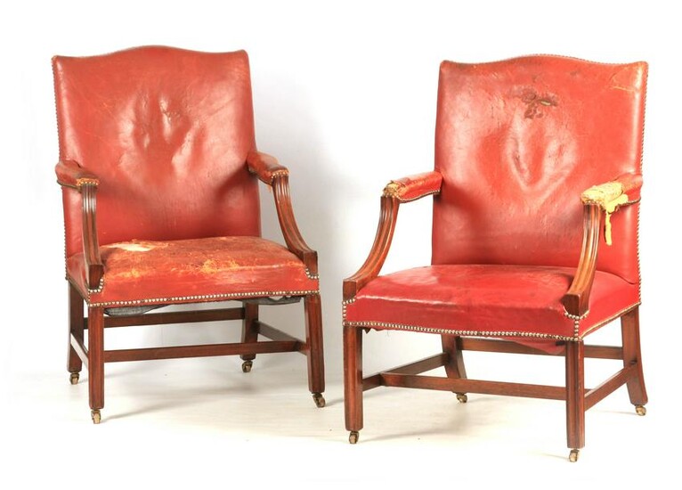 A PAIR OF GEORGE III RED LEATHER UPHOLSTERED MAHOGANY