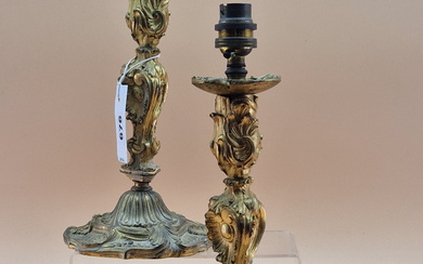 A PAIR OF ROCOCO ORMOLU CANDLESTICKS AS TABLE LAMPS. H 29cms.