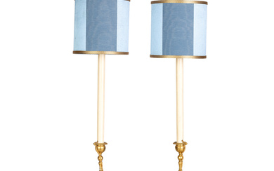 A PAIR OF SMALL GILT AND PATINATED BRONZE CANDLESTICKS AS LAMPS, 19TH-20TH CENTURY; MINOR DEFECTS AND SCRATCHES, SOME PARTS TO BE FIXED, ELECTRIFIED NOT WORKING (2)