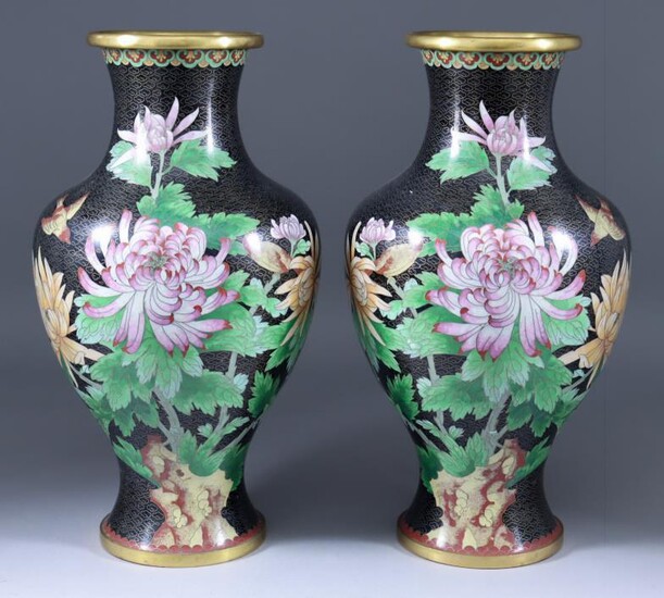 A Pair of Chinese Baluster Shaped Cloisonne Vases, 20th...