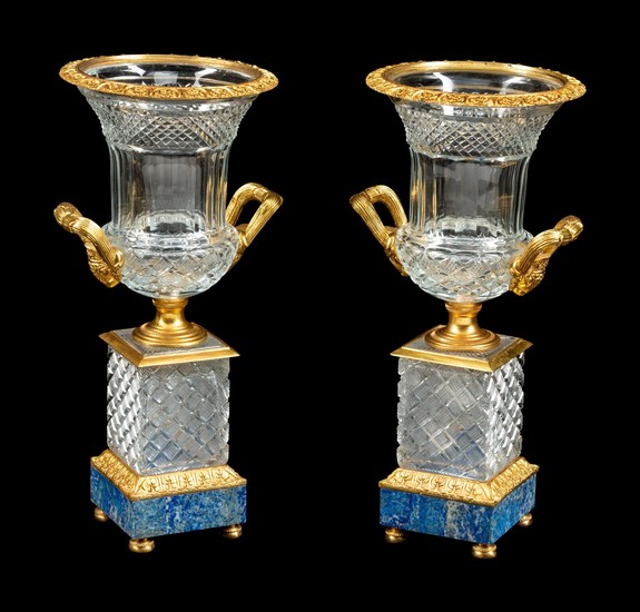 A Pair of Continental Gilt Bronze and Lapis Lazuli Mounted Cut Glass Urns