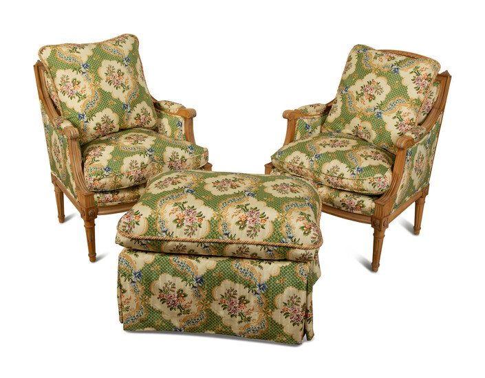 A Pair of Louis XVI Style Upholstered Chairs with Ottoman