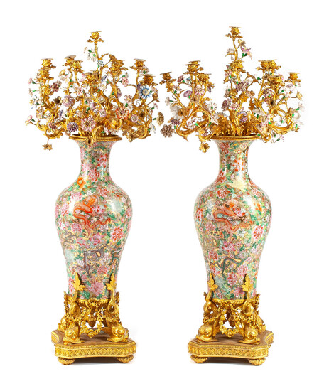 A Pair of Monumental Gilt Bronze Mounted Chinese Mille-Fleur Porcelain Twelve-Light Candelabra