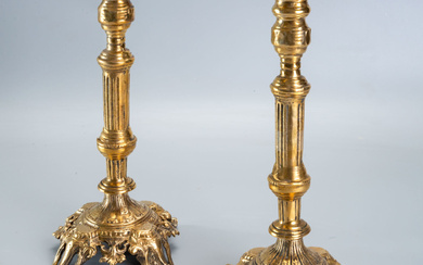 A Pair of Rare Jewish Gothic Style Bronze Candlesticks, Europe,...