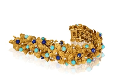 A RARE TURQUOISE, LAPIS LAZULI AND DIAMOND BRACELET, BY FRED...
