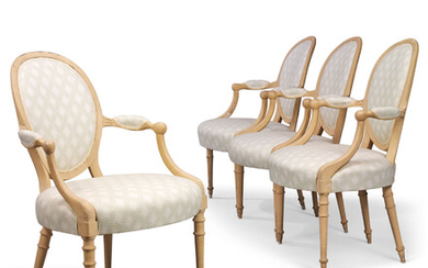 A SET OF FOUR GEORGE III BUFF-PAINTED ARMCHAIRS, CIRCA 1770, POSSIBLY BY JOHN LINNELL