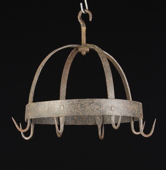 A Small 18th/19th Century Wrought Iron Pendant Game Hanger with eight hooks attached to a hoop on do
