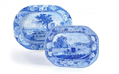 A Staffordshire blue and white printed pearlware shaped octagonal serving dish from the 'Monk's Rock' series