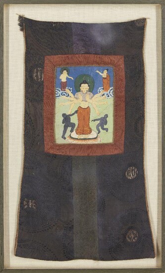 A Tibetan small thangka painted with an eight-armed deity, 19th century, with silk border, 51cm x 27cm, mounted in a glazed frame