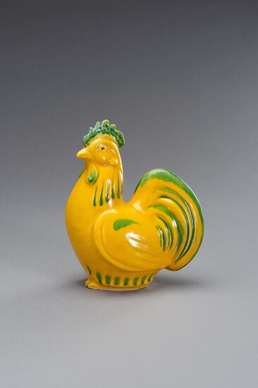 A YELLOW AND GREEN GLAZED CERAMIC OKIMONO OF A ROOSTER