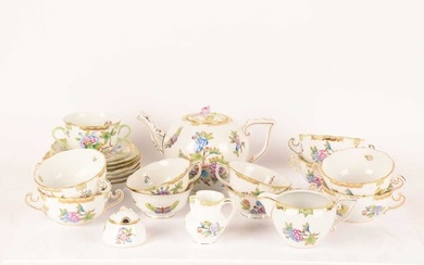 A collection of Herend Queen Victoria patterned porcelain to include a teapot, milk jug, cream jug