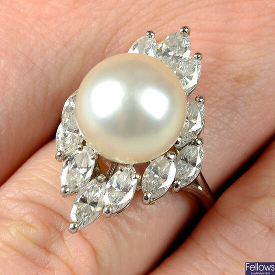A cultured pearl and marquise-shape diamond cocktail ring.