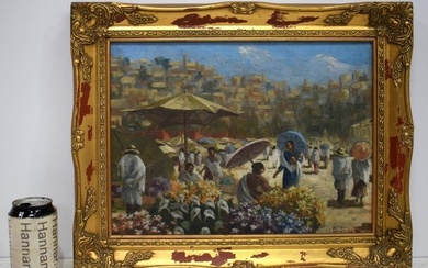 A framed continental oil on canvas of a street scene, signed indistinctly 28 x 38 cm.