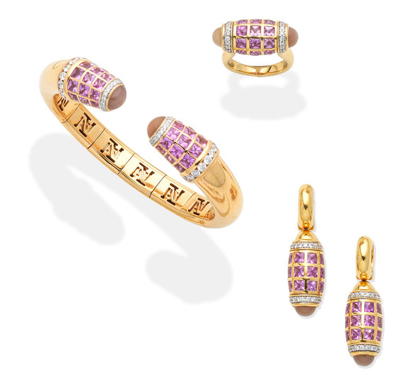 A gem-set bangle, pendent earring and ring suite