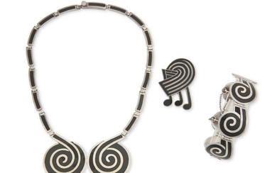 A group of Margot de Taxco Mexican silver and enamel jewelry
