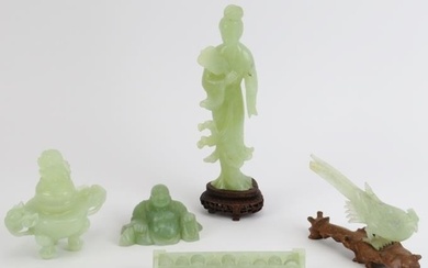 A group of five Chinese celadon jade carvings, 20th century....