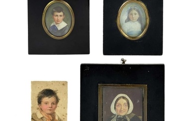 A group of four miniatures. A portrait of a young girl paint...