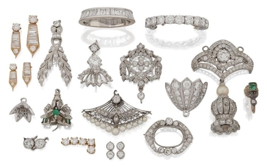 A group of jewellery fittings and mounts, including: a Belle Epoque old-brilliant-cut diamond-set pendant panel with central millegrain-set old-brilliant-cut diamond weighing approximately 0.50 carats, suspending a diamond and pearl cluster cusp, a...