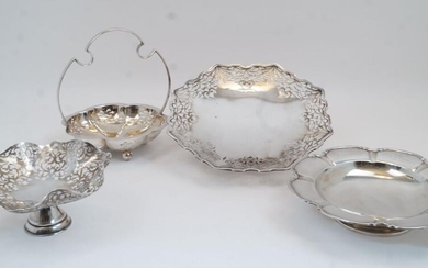A group of silver and silver plated dishes, comprising: a silver footed dish, Sheffield, 1946, Mappin & Webb, with reeded scalloped rim, on circular foot, with presentation engraving, 23cm dia.; a pierced silver footed dish, Sheffield, 1934, Joseph...