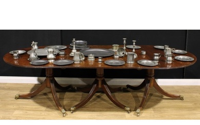 A large 19th century mahogany triple-pillar dining table, di...