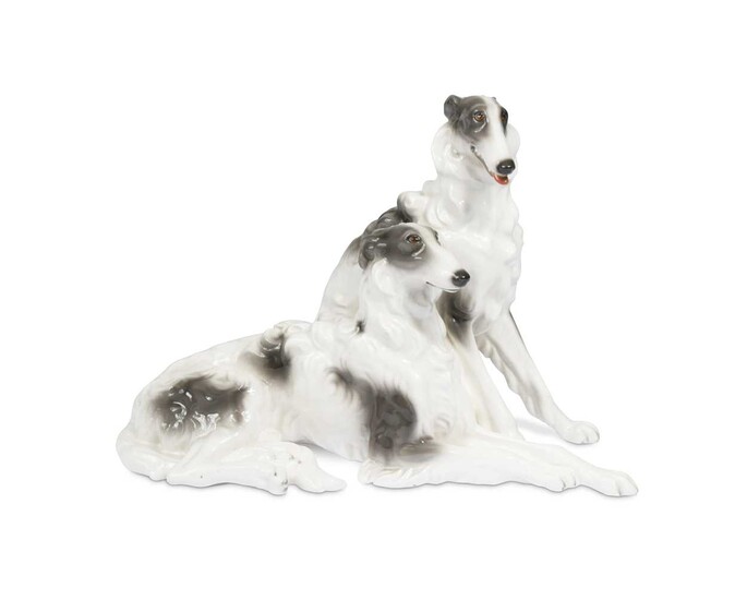 A large Goldscheider model of two Borzoi, naturalistically modelled, printed and impressed marks