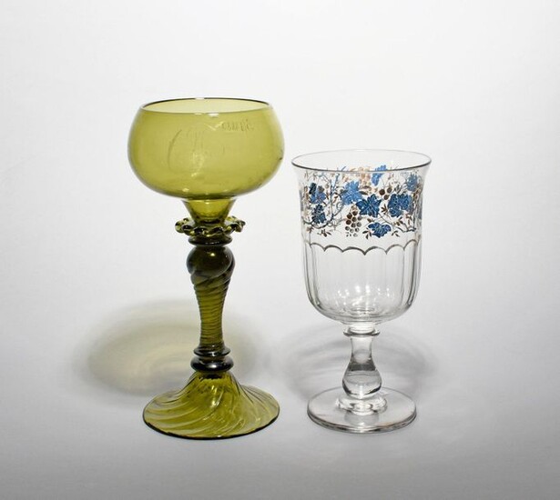 A large green glass ceremonial goblet dated 1882, the shallow...