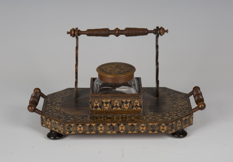 A late Victorian Tunbridge ware inkstand, fitted with a cut glass inkwell and turned handles, width