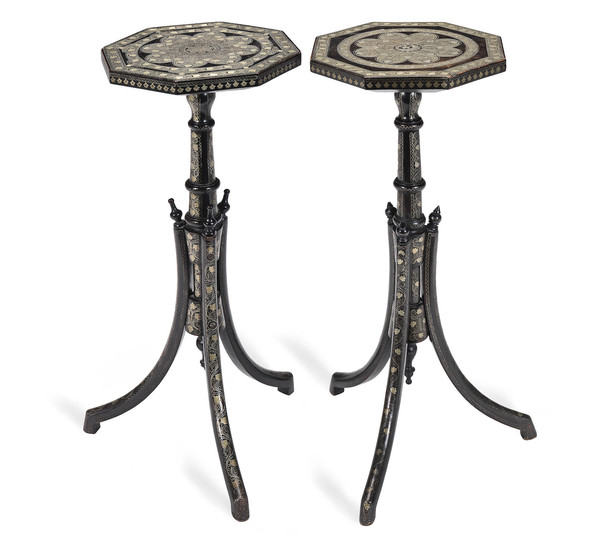 A matched pair of late 19th century Ottoman silvered metal and wire-work inlaid stained wood pedestal tables or coffee stands