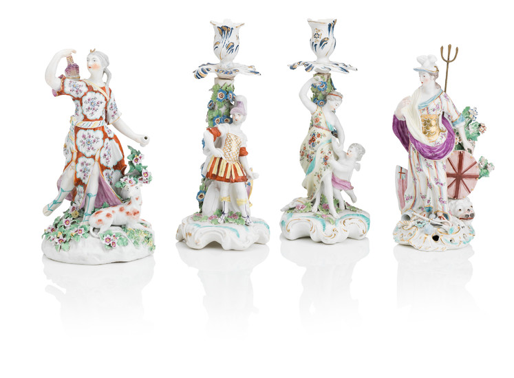 A pair of Derby candlesticks, A Derby figure of Diana and a Derby figure of Britannia