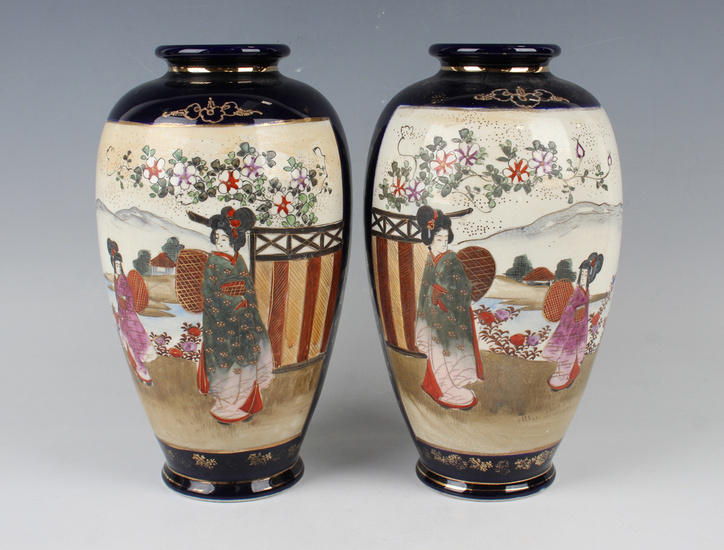 A pair of Japanese Satsuma earthenware vases, early 20th century, painted with opposing figural scen