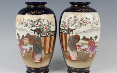A pair of Japanese Satsuma earthenware vases, early 20th century, painted with opposing figural scen