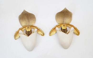 A pair of Royal Worcester orchid wall pockets, green printed mark, date code for 1882, with gilded leaves, each 21cm high (2)