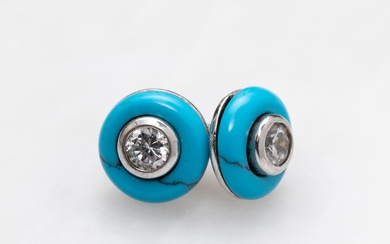 A pair of Sterling silver cubic zirconia and reconstituted turquoise stud earrings. Diameter 1cm
