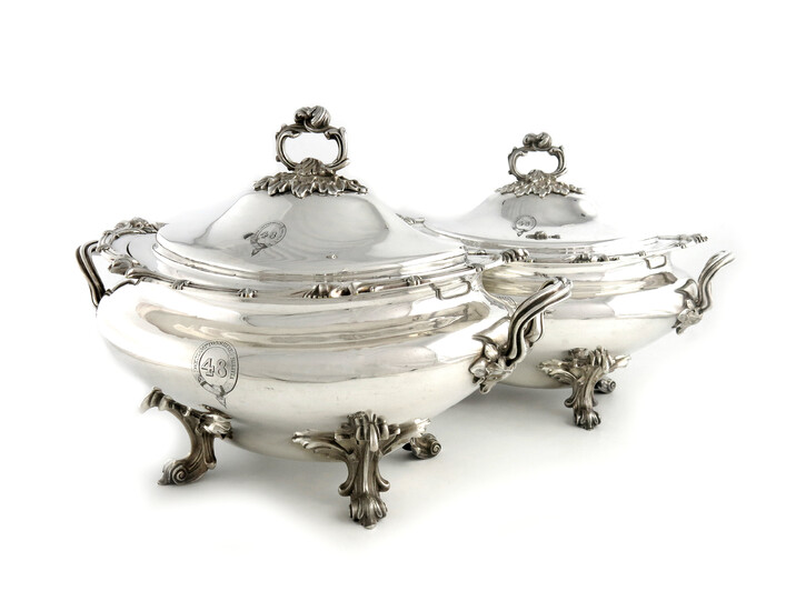 A pair of Victorian electroplated regimental soup tureens and covers