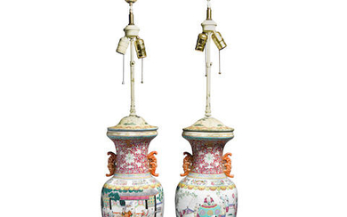 A pair of large famille-rose vases, now mounted as lamps