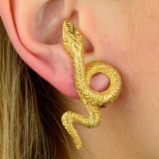 A pair of snake earrings, by Ilias Lalaounis.Stamped