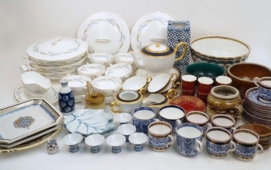 A quantity of porcelain, to include: a small group of Royal Worcester Harvest Ring pattern bone china wares to include eleven soup bowls and three tureens and covers of graduating size; an Okura part tea service in cobalt blue with gilt rims...